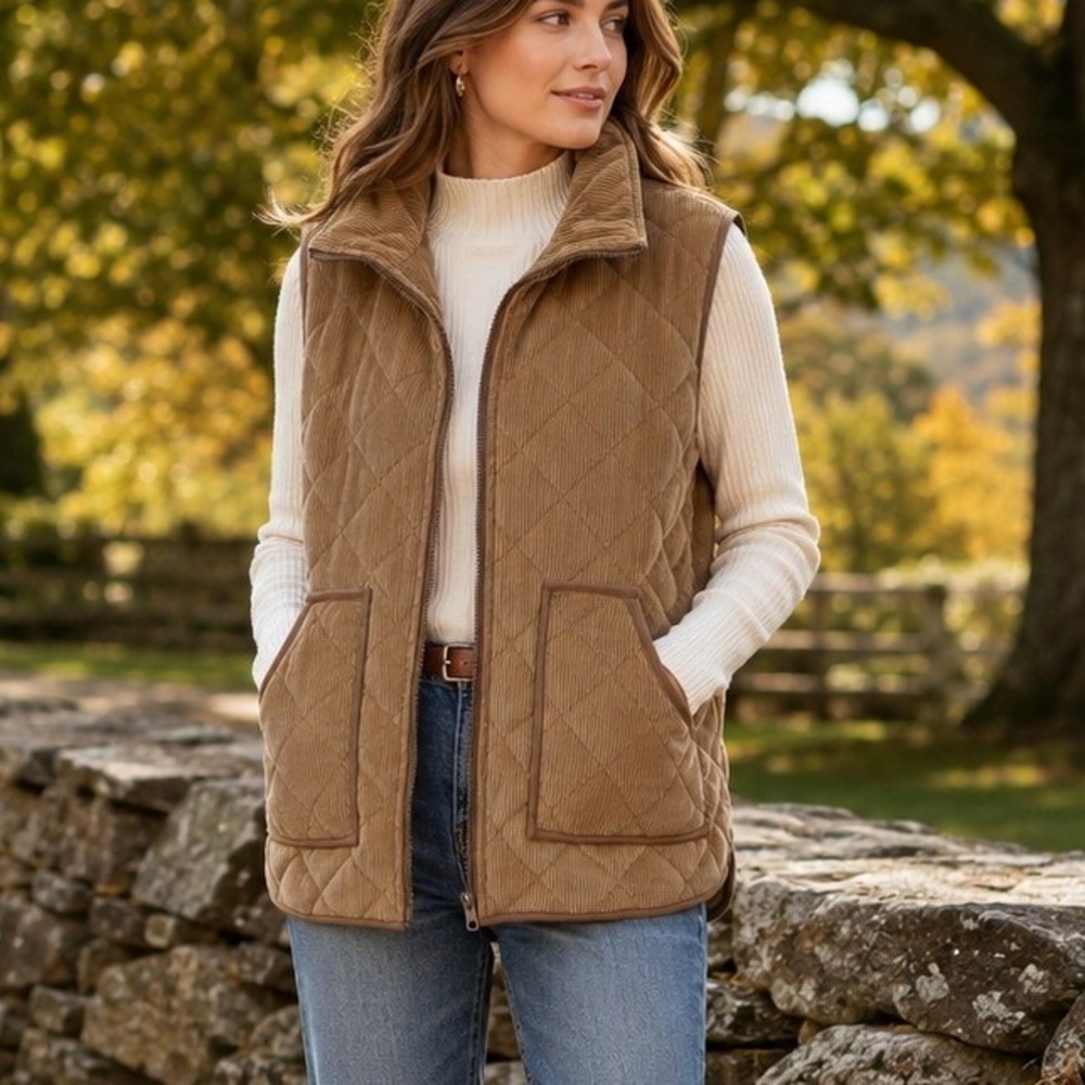 Wish List Women's L Brown Corduroy Quilted Zip Vest Cottagecore Utility
